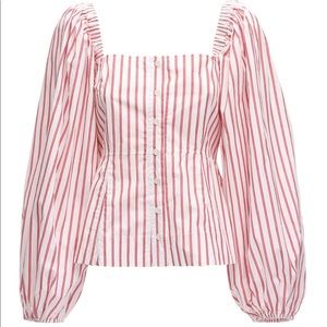 GANNI STRIPED COTTON PUFF SLEEVE POPLIN TOP